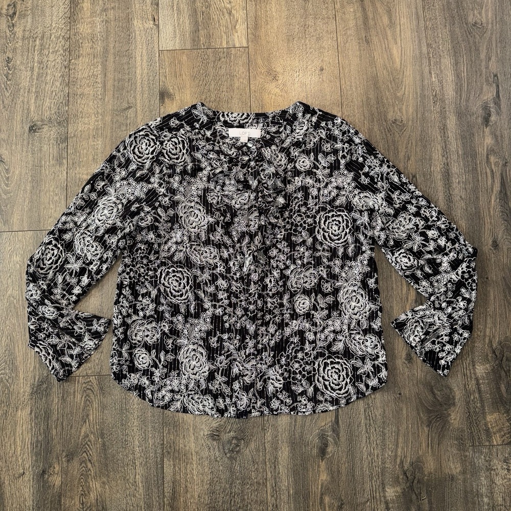Loft Womens L Top Floral Black Long Sleeve Button Shirt Festive Boho Ruffle Neck